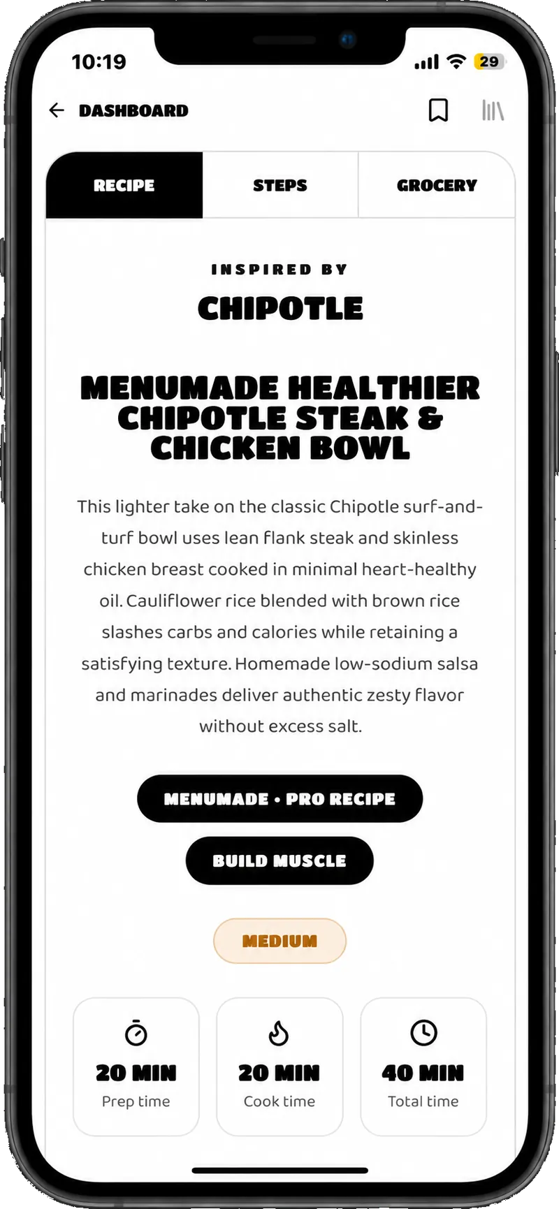 MenuMade pro recipe card for a healthier Chipotle steak and chicken bowl