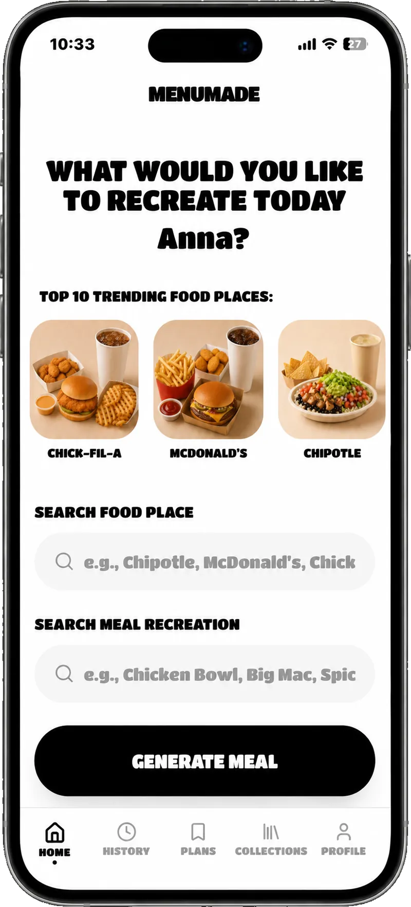MenuMade dashboard with trending food places and meal generator
