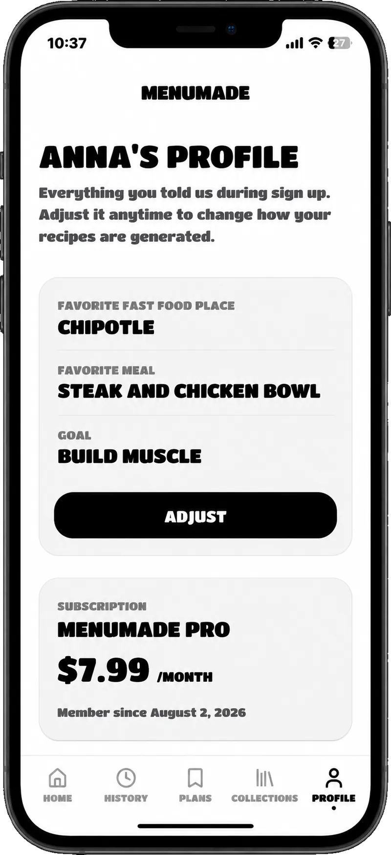 MenuMade profile page with favorites, goal and subscription details
